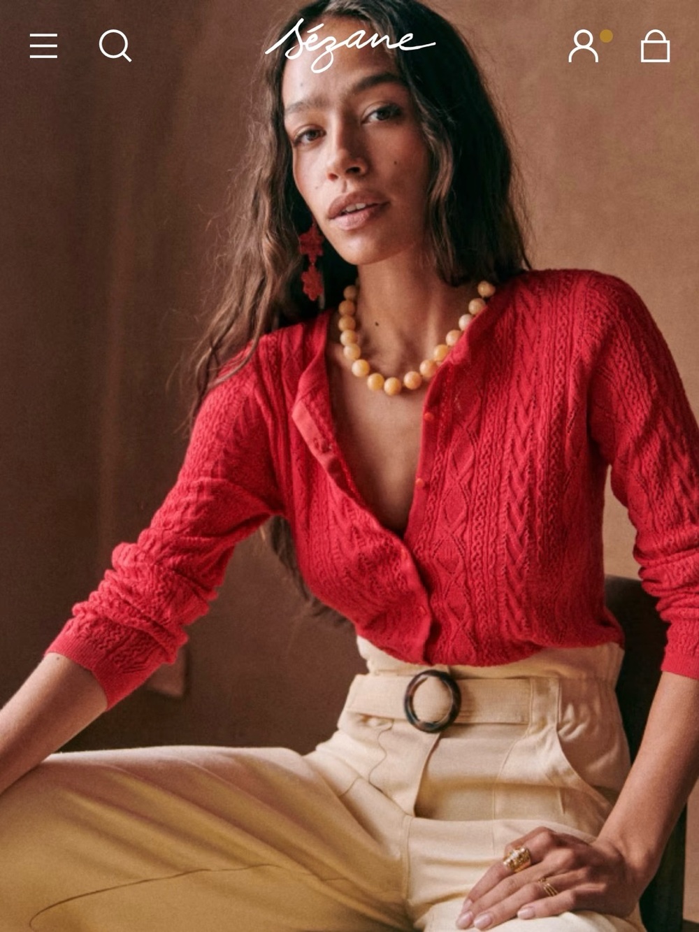 Sezane Cherry Red Cable-Knit Cardigan